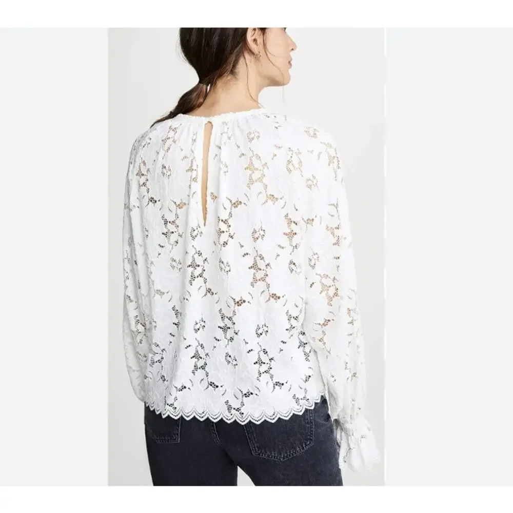 Free People Olivia Floral Lace Top Womens Medium Ivory Scalloped Trim Boho